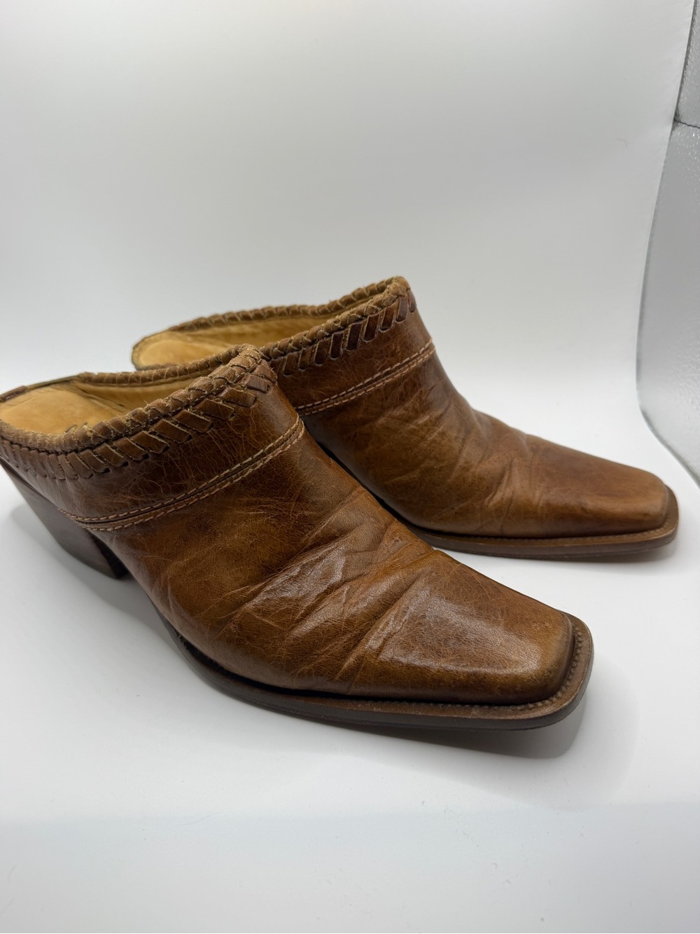 Charlie Horse Artisan Made Brown Leather Square Toe Mules 6 1/2